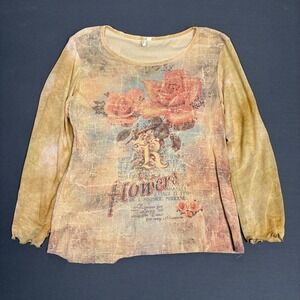 Vintage Y2K Style Flowers Floral Graphic Long Sleeve Mesh Top Size Small Women's